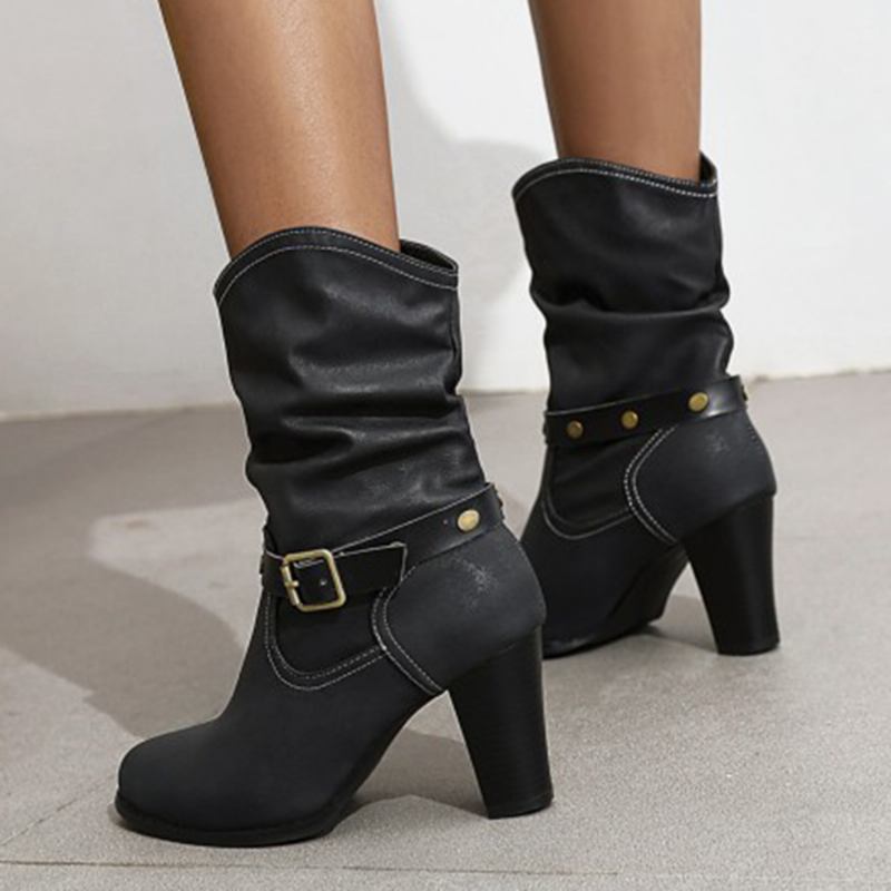 Kvinnor Metal Spänne Rem Dekor Enfärgad Chunky Heel Mid-calf Motorcykel Boots