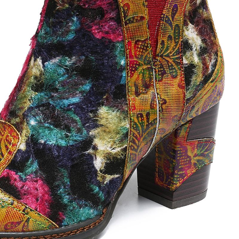 Kvinnor Retro Äkta Läder Splicing High Heel Dragkedja Klänning Korta Stövlar