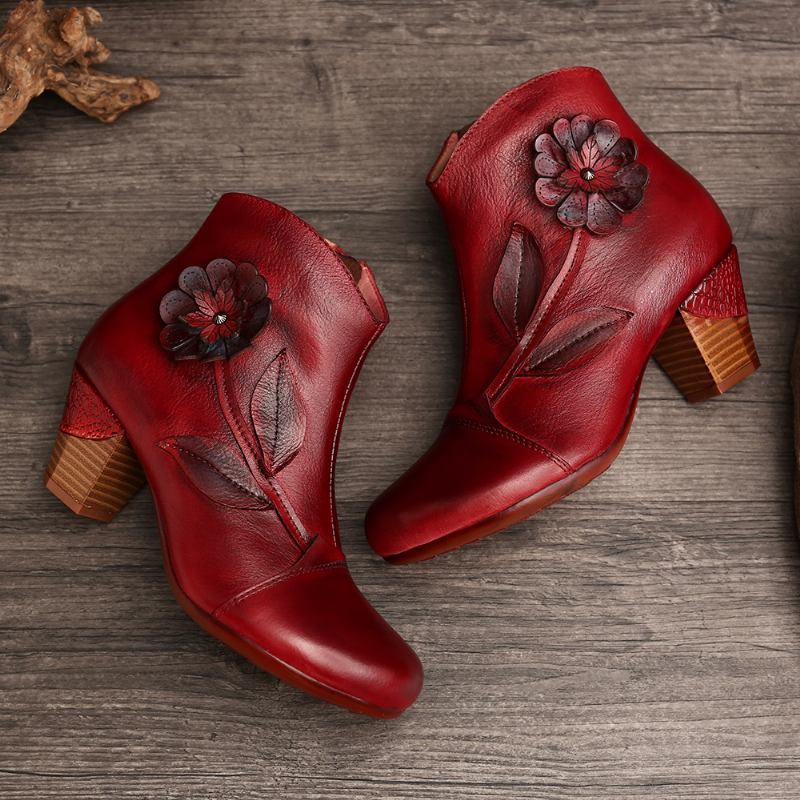 Kvinnor Retro Blomma Äkta Läder Casual Ankel Short Boots