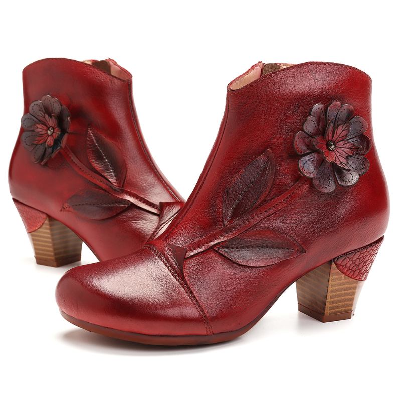 Kvinnor Retro Blomma Äkta Läder Casual Ankel Short Boots