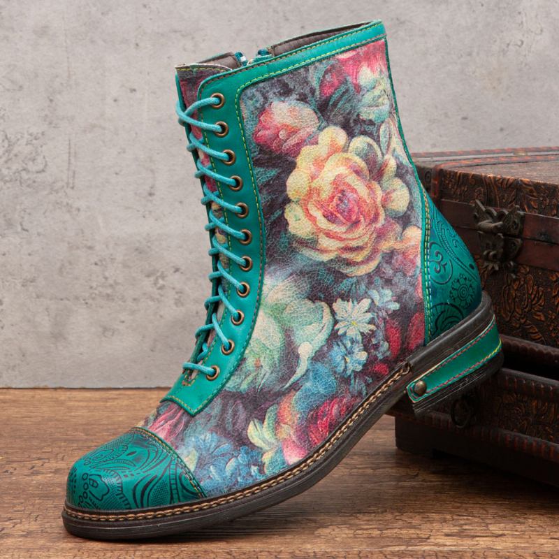 Kvinnor Retro Blommig Med Tryck Äkta Läder Prägling Snörssömmar Ankel Boots