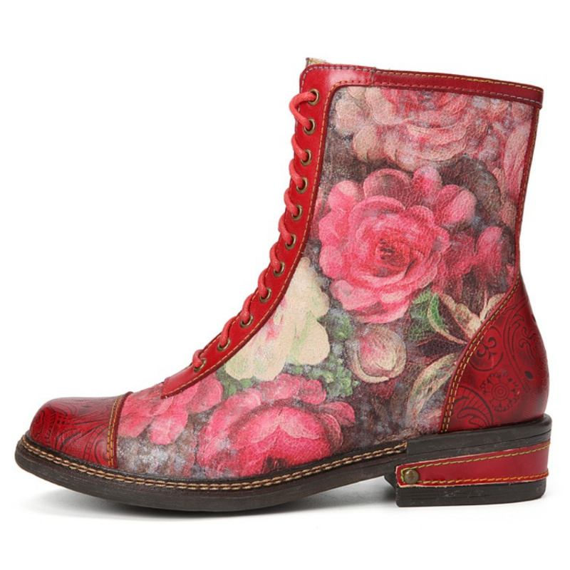 Kvinnor Retro Blommig Med Tryck Äkta Läder Prägling Snörssömmar Ankel Boots