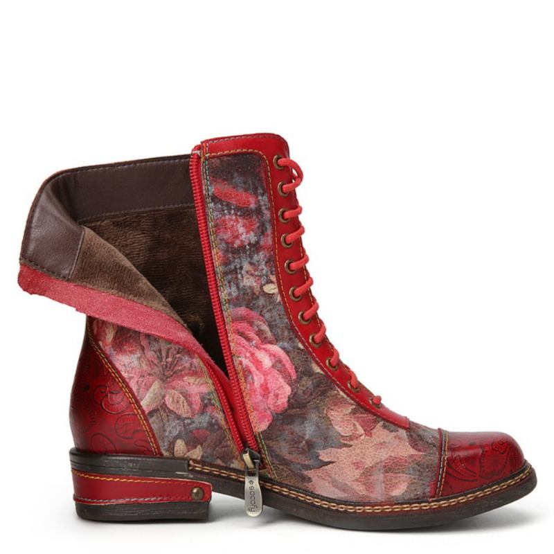 Kvinnor Retro Blommig Med Tryck Äkta Läder Prägling Snörssömmar Ankel Boots