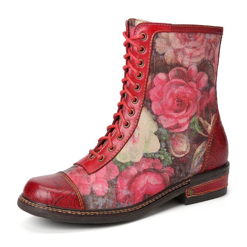 Kvinnor Retro Blommig Med Tryck Äkta Läder Prägling Snörssömmar Ankel Boots