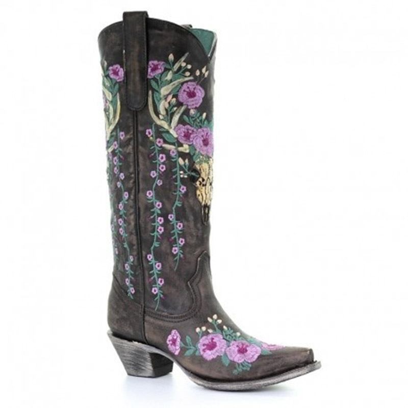 Kvinnor Retro Blommor Djurbroderi Läder Spets-toe V-cut Chunky Heel Mid-calf Knight Boots