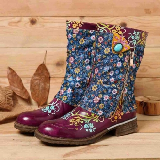 Kvinnor Retro Blommor Mönster Sömmar Blixtlås Flat Boots
