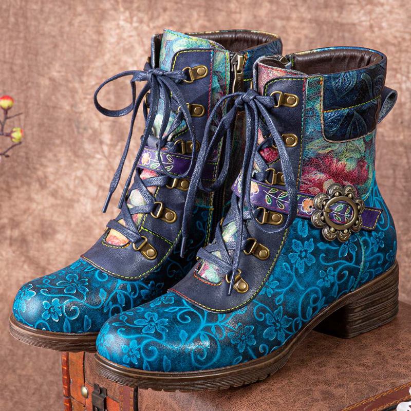 Kvinnor Retro Blomstertryck Läder Lace Up Chunky Heels Mid-calf Boots