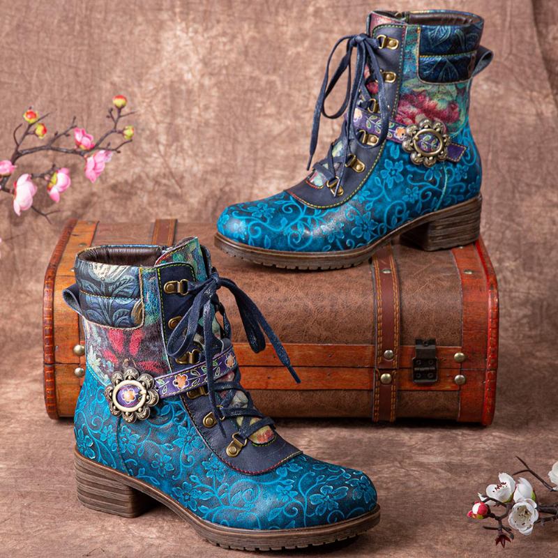 Kvinnor Retro Blomstertryck Läder Lace Up Chunky Heels Mid-calf Boots