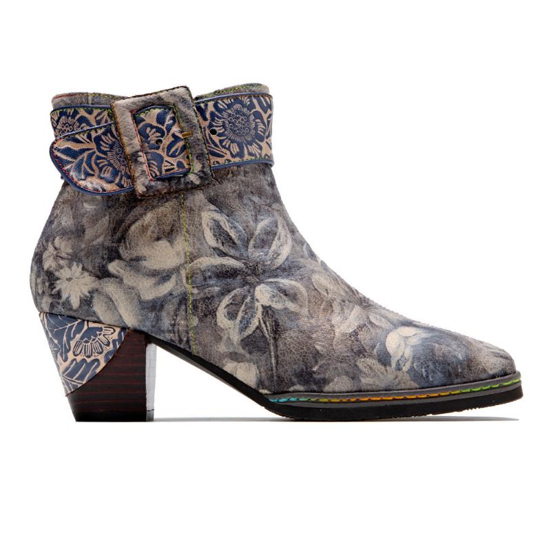 Kvinnor Retro Blomstertryck Läder Square Toe Chunky Heels Ankel Booties