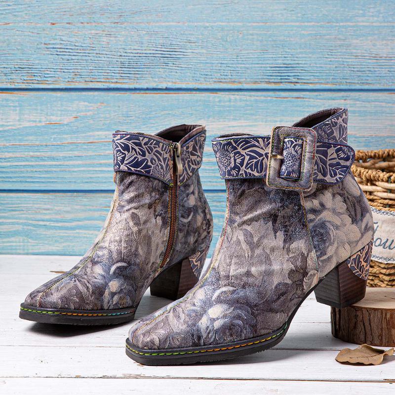 Kvinnor Retro Blomstertryck Läder Square Toe Chunky Heels Ankel Booties