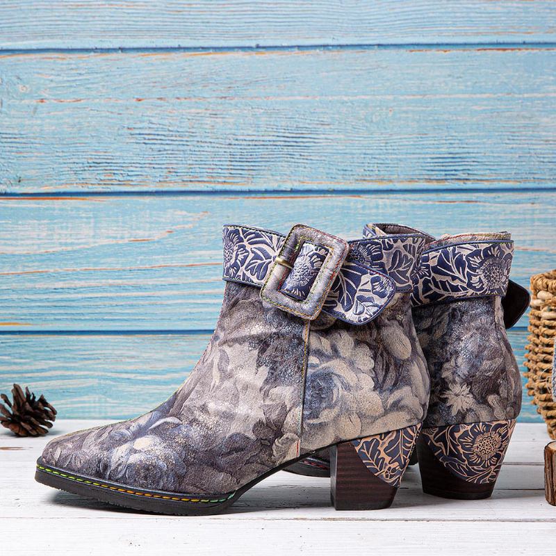Kvinnor Retro Blomstertryck Läder Square Toe Chunky Heels Ankel Booties