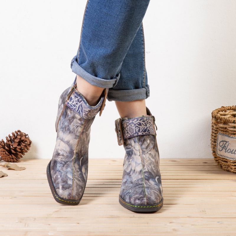 Kvinnor Retro Blomstertryck Läder Square Toe Chunky Heels Ankel Booties