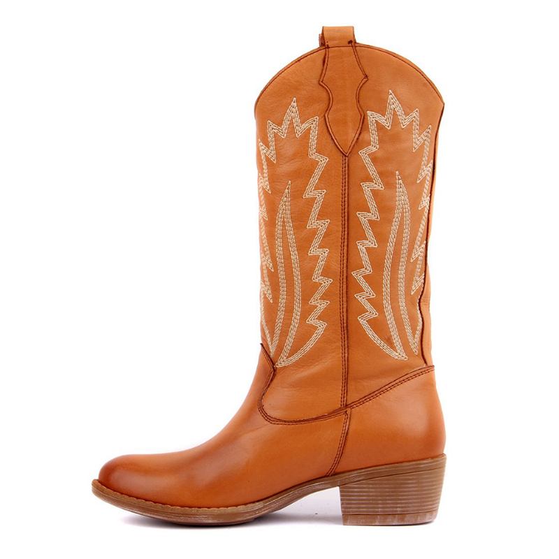 Kvinnor Retro Broderi Läder England Style V-cut Slip On Casual Martin Knight Boots