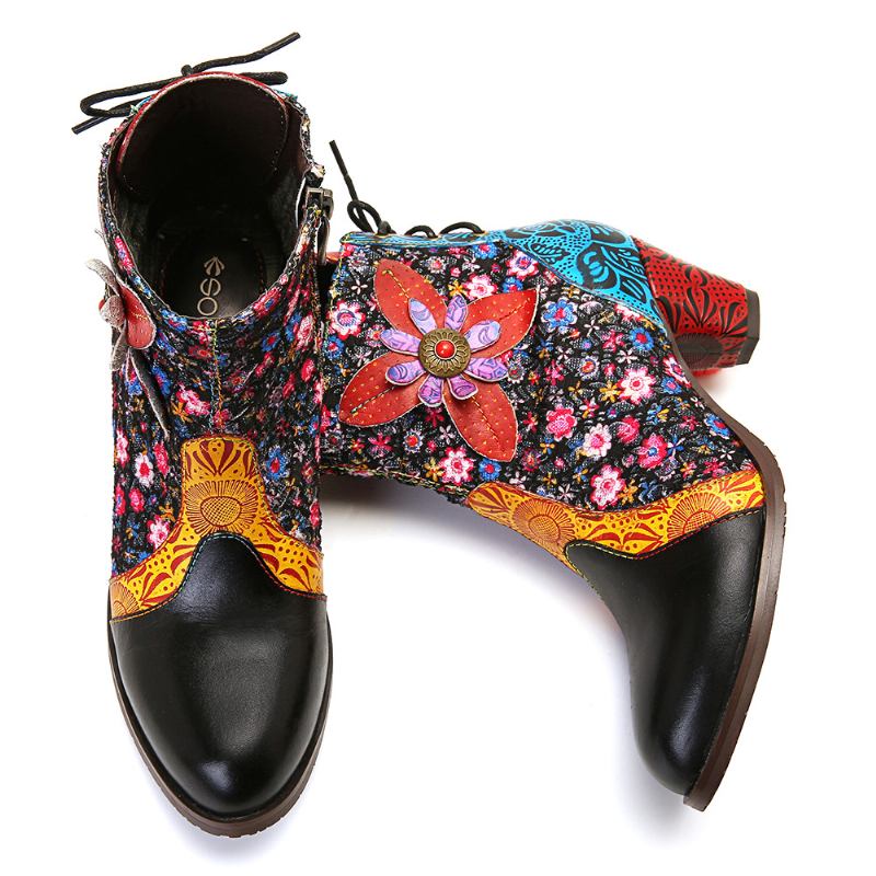 Kvinnor Retro Leaf Blommor Läder Dragkedja Ankel Boots
