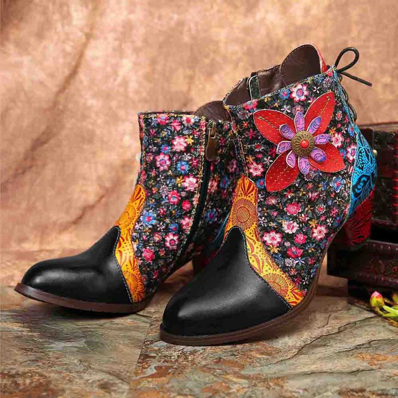 Kvinnor Retro Leaf Blommor Läder Dragkedja Ankel Boots