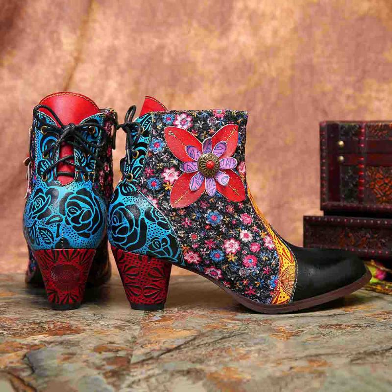 Kvinnor Retro Leaf Blommor Läder Dragkedja Ankel Boots