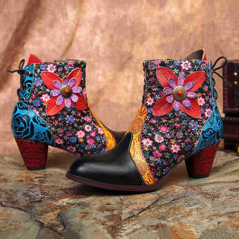 Kvinnor Retro Leaf Blommor Läder Dragkedja Ankel Boots