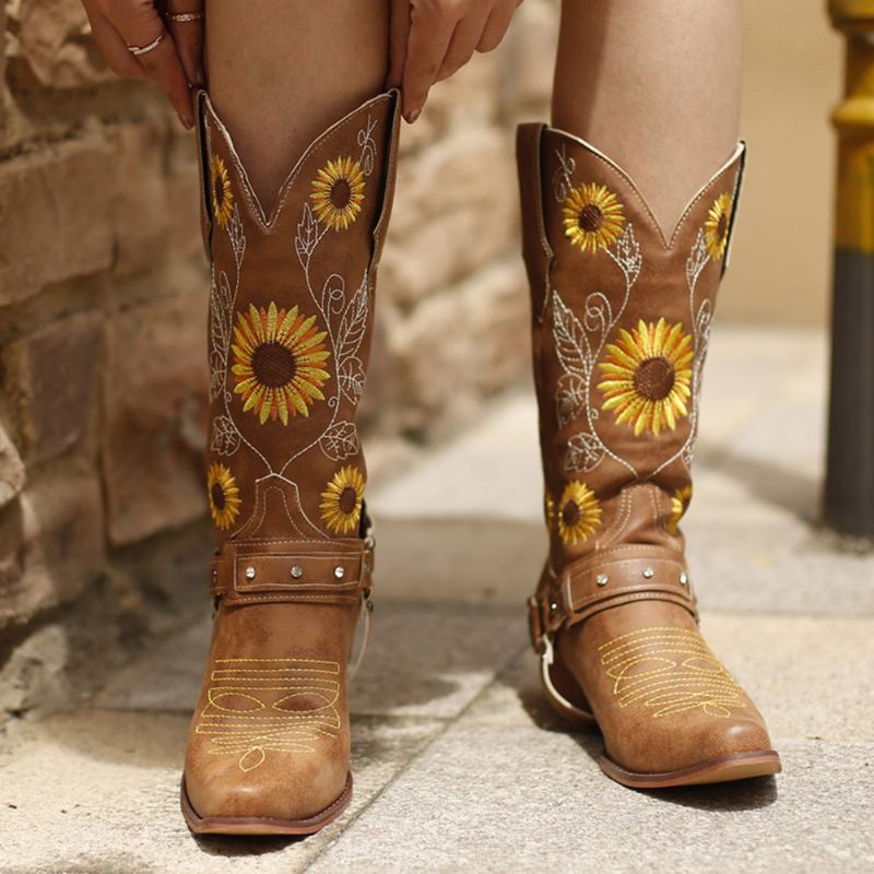 Kvinnor Retro Solrosmönster Spetsad Tå Chunky Heel Sele Cowboy Boots