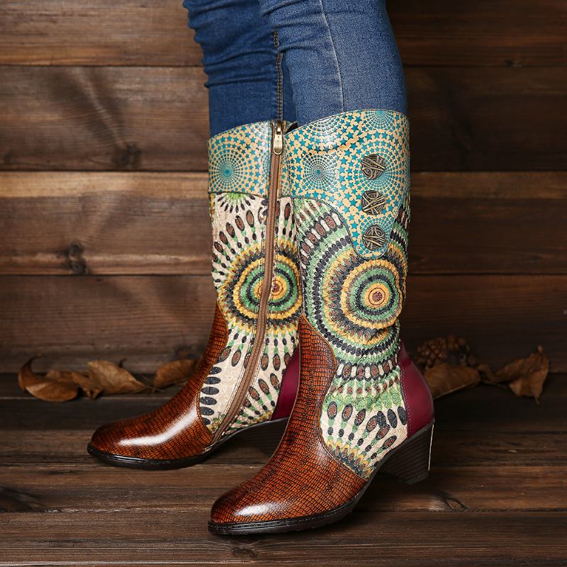 Kvinnors Splicing Tribal Mönster Dragkedja Western Cowboy Boots