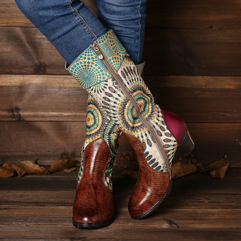 Kvinnors Splicing Tribal Mönster Dragkedja Western Cowboy Boots