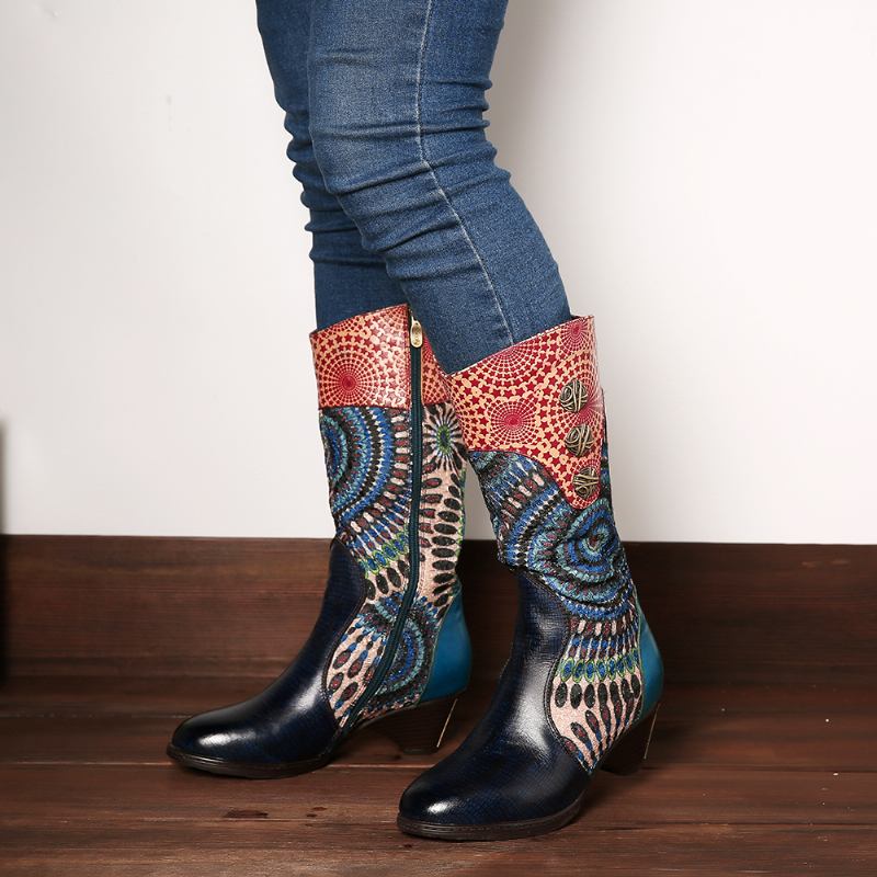Kvinnors Splicing Tribal Mönster Dragkedja Western Cowboy Boots