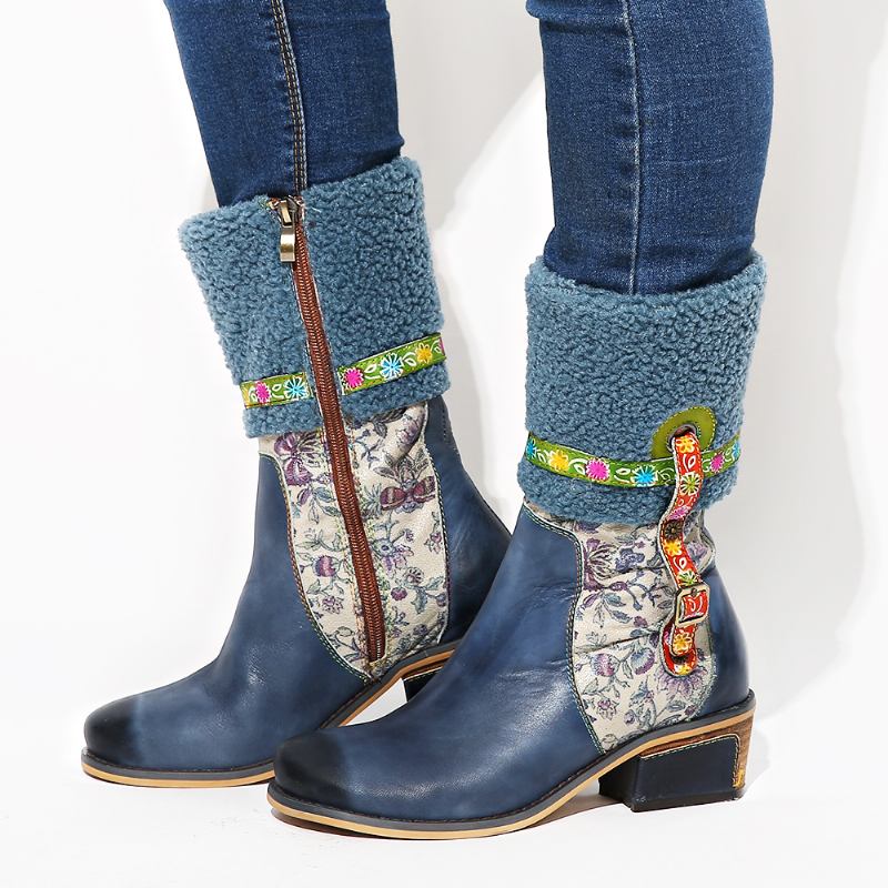 Lammimitation Hår Blommönster Lädersömmar Blommönster Flat Boots