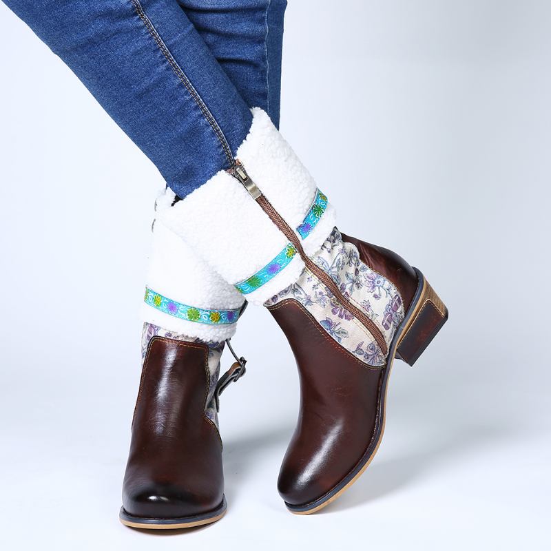 Lammimitation Hår Blommönster Lädersömmar Blommönster Flat Boots