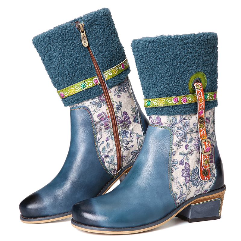 Lammimitation Hår Blommönster Lädersömmar Blommönster Flat Boots