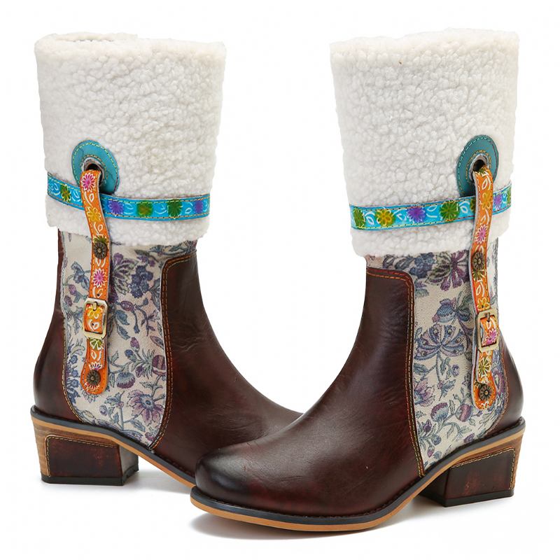 Lammimitation Hår Blommönster Lädersömmar Blommönster Flat Boots