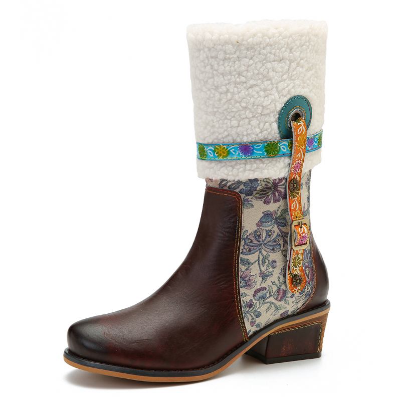 Lammimitation Hår Blommönster Lädersömmar Blommönster Flat Boots