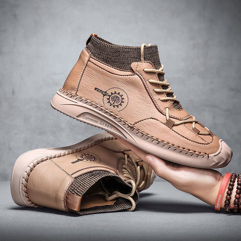 Män Anti Collision Toe Hand Stitching Lace-up Strumpa Läder Ankel Boots