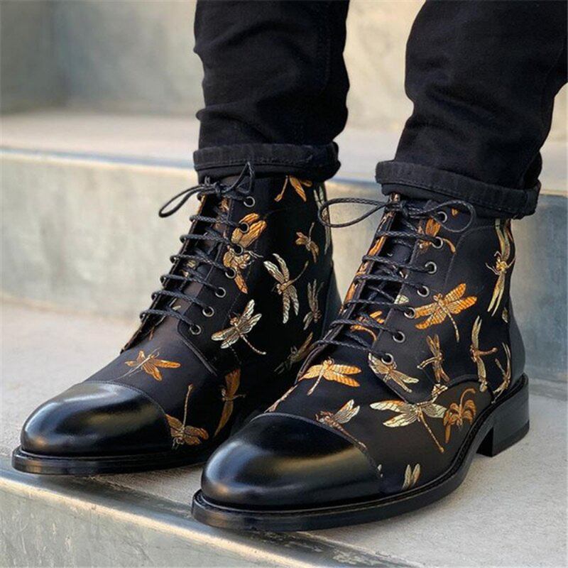 Män Brittisk Stil Cap Toe Splicing Trollsländor Tryckt Tyg Ankel Jack Boots