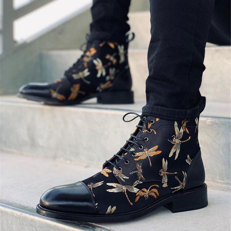 Män Brittisk Stil Cap Toe Splicing Trollsländor Tryckt Tyg Ankel Jack Boots