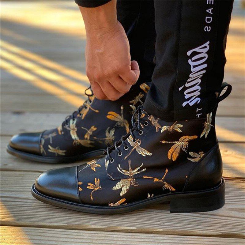 Män Brittisk Stil Cap Toe Splicing Trollsländor Tryckt Tyg Ankel Jack Boots