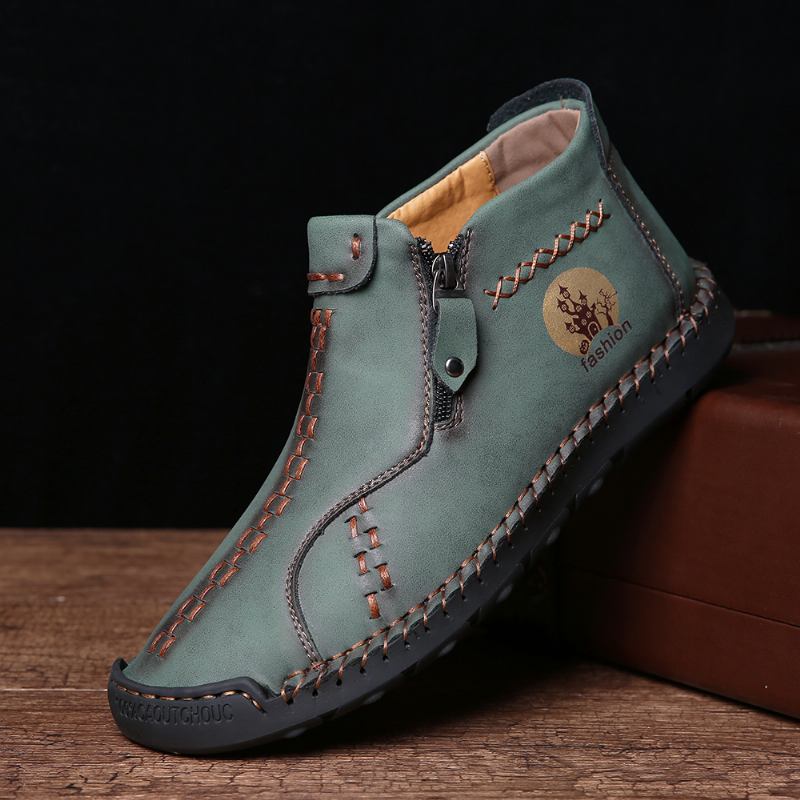 Män Handsömmar Lädermönster Halkfria Tåskyddade Casual Ankel Boots