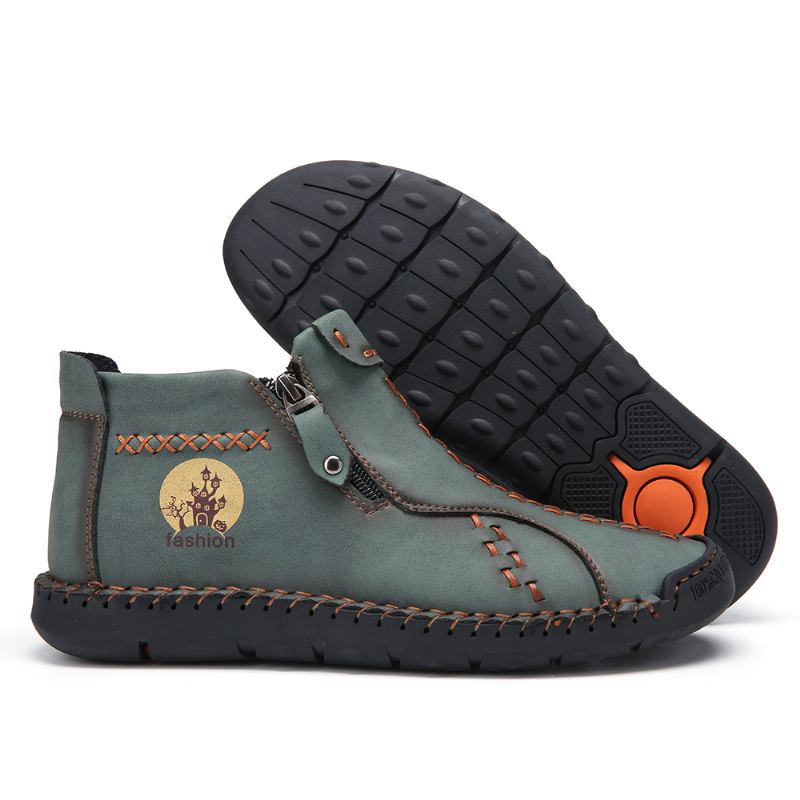 Män Handsömmar Lädermönster Halkfria Tåskyddade Casual Ankel Boots