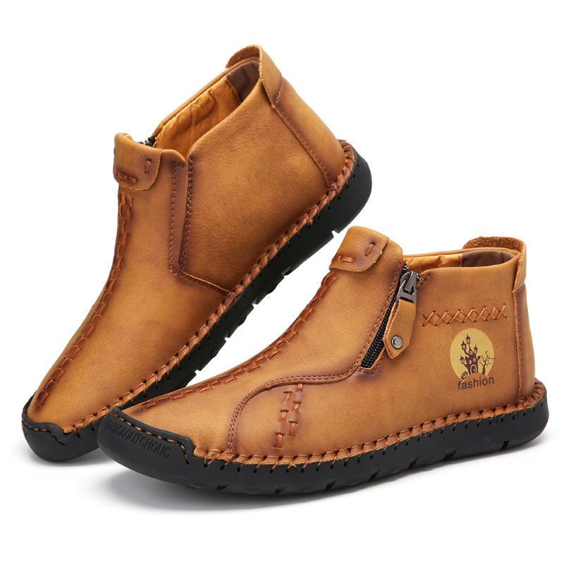 Män Handsömmar Lädermönster Halkfria Tåskyddade Casual Ankel Boots