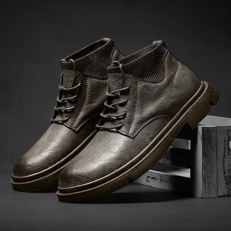 Män Kohud Läder Mjuk Sula Vintage Rund Tå Lace Up Casual Martin Boots