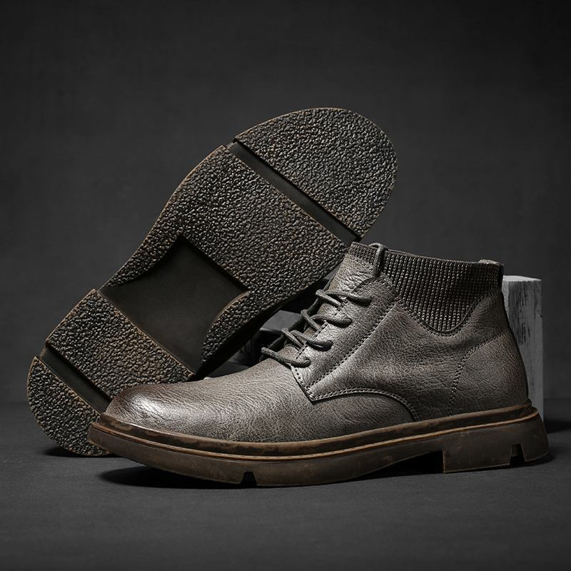 Män Kohud Läder Mjuk Sula Vintage Rund Tå Lace Up Casual Martin Boots