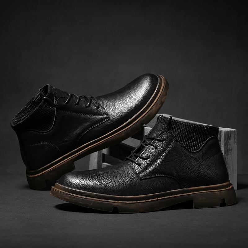 Män Kohud Läder Mjuk Sula Vintage Rund Tå Lace Up Casual Martin Boots