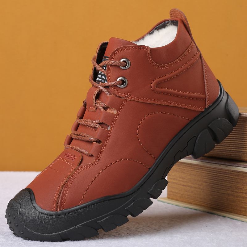 Män Kohud Protect Toe Plus Velvet Thicken Fleece Foder Varma Snökängor Vandringsstövlar