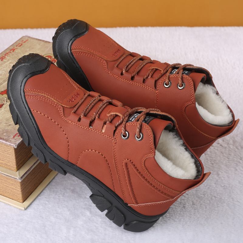 Män Kohud Protect Toe Plus Velvet Thicken Fleece Foder Varma Snökängor Vandringsstövlar