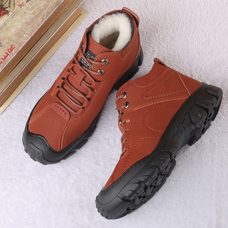 Män Kohud Protect Toe Plus Velvet Thicken Fleece Foder Varma Snökängor Vandringsstövlar