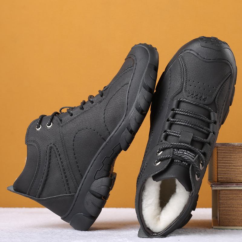 Män Kohud Protect Toe Plus Velvet Thicken Fleece Foder Varma Snökängor Vandringsstövlar