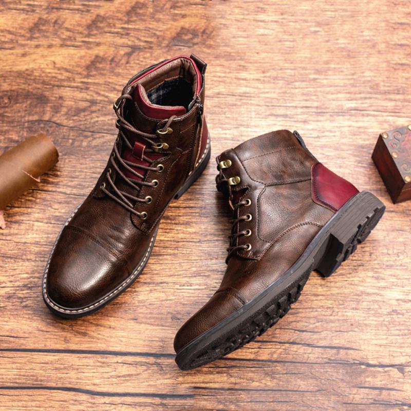 Män Läder Andas Mjuk Sula Vintage Spetsad Dragkedja Casual Martin Boots