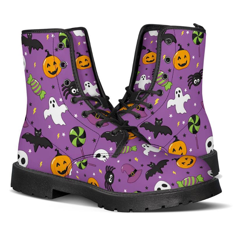 Män Läder Roligt Mönster Mjuk Sula Rund Tå Snörning Casual Martin Boots