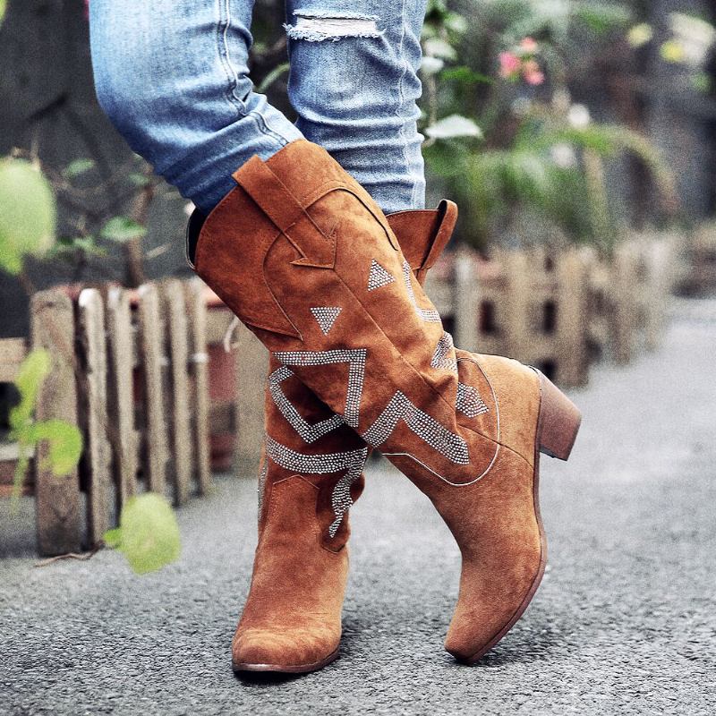 Plus Size Dam Mocka Rhinestone Chunky Heel Knä Cowboy Boots