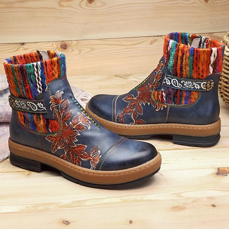 Retro Blommönster Bohemiska Färg Matchningsmönster Sömmar Runda Tå Blixtlås Ankelboots