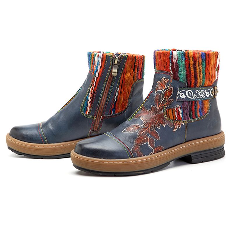 Retro Blommönster Bohemiska Färg Matchningsmönster Sömmar Runda Tå Blixtlås Ankelboots