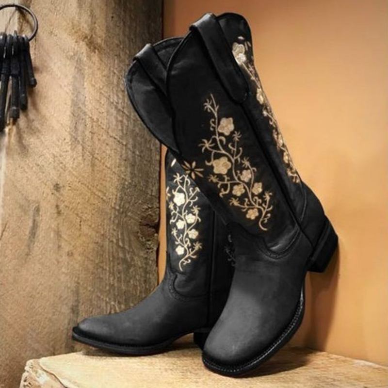 Retro Flowers Square Toe Slip On Mid-calf Block Heel Cowboy Stövlar För Kvinnor